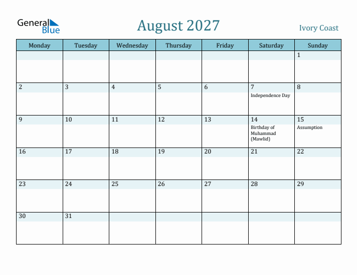 August 2027 Calendar with Holidays