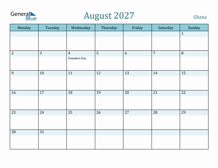 August 2027 Calendar with Holidays