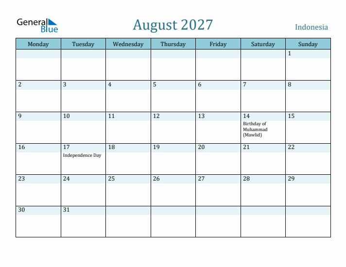 August 2027 Calendar with Holidays