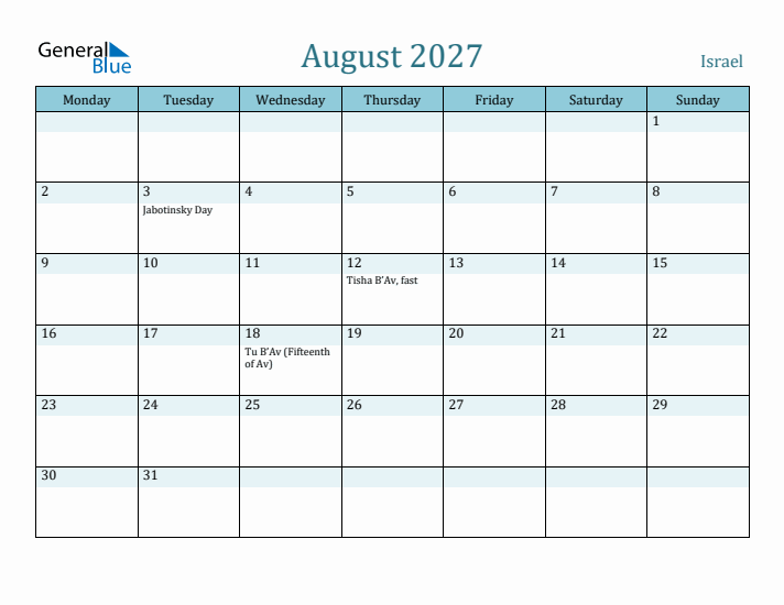 August 2027 Calendar with Holidays