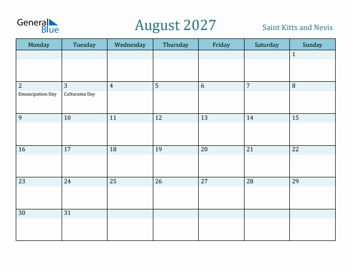 August 2027 Calendar with Holidays