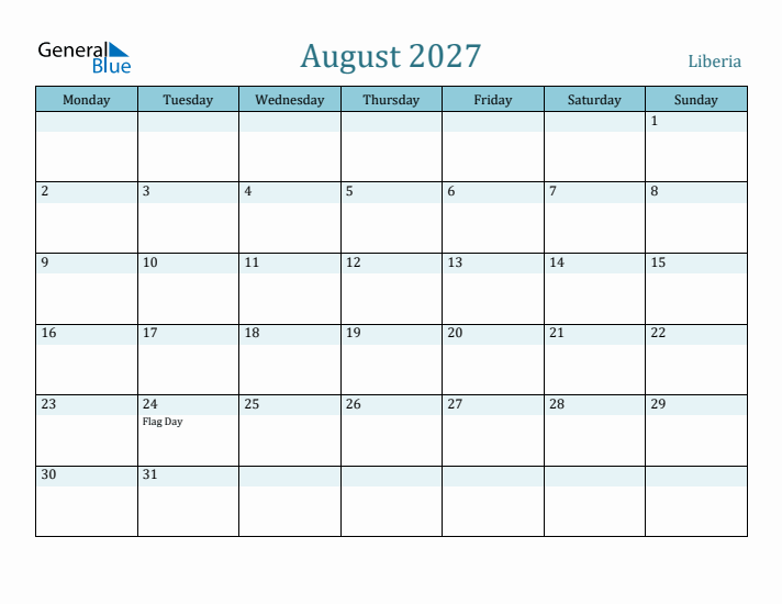 August 2027 Calendar with Holidays