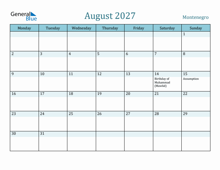 August 2027 Calendar with Holidays