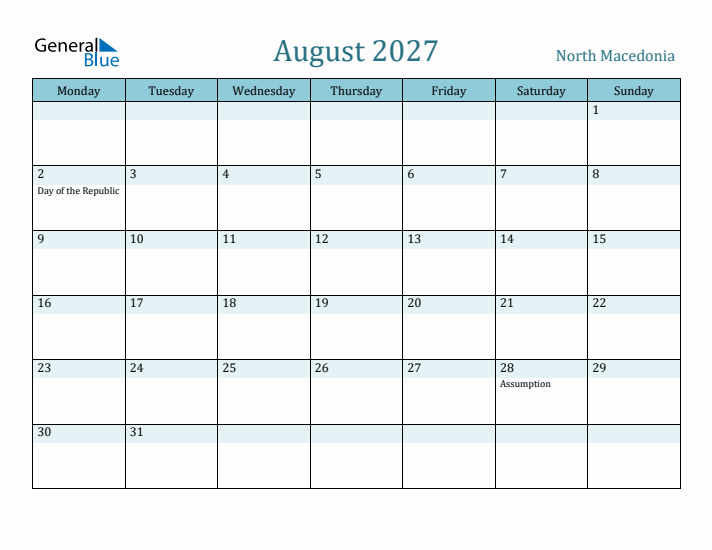 August 2027 Calendar with Holidays