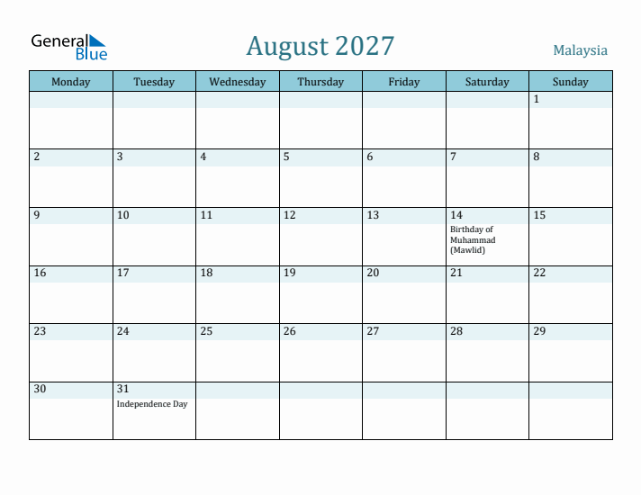 August 2027 Calendar with Holidays