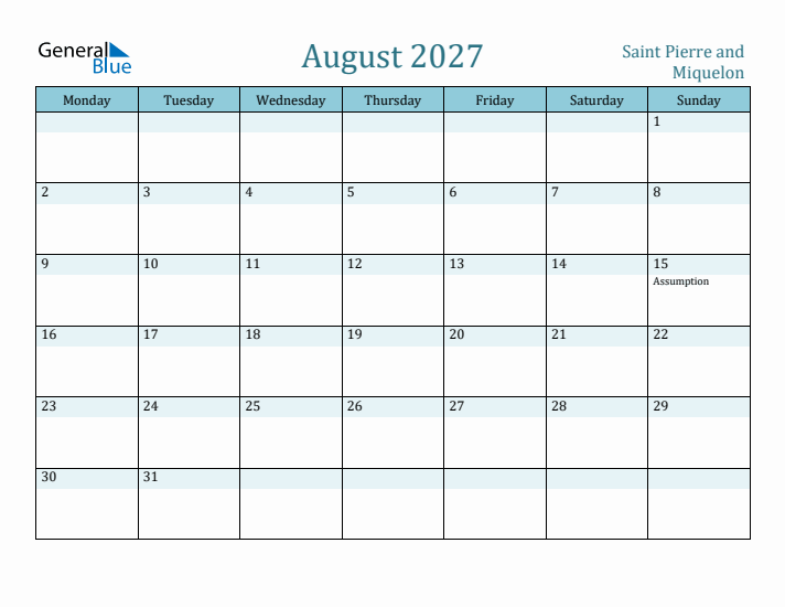 August 2027 Calendar with Holidays