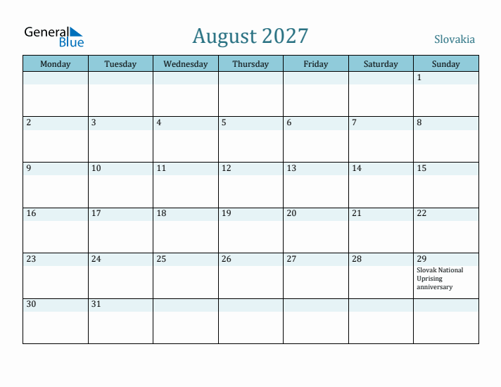 August 2027 Calendar with Holidays
