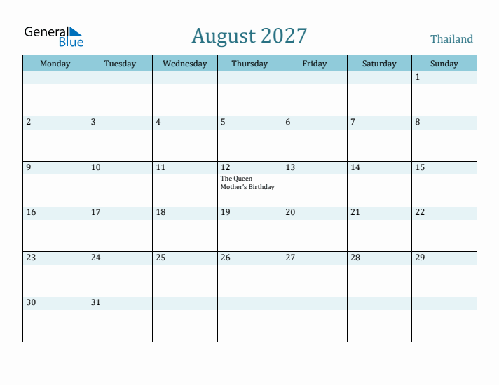 August 2027 Calendar with Holidays