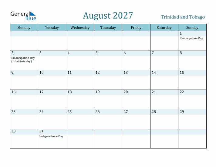 August 2027 Calendar with Holidays