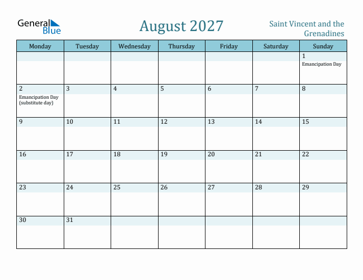 August 2027 Calendar with Holidays