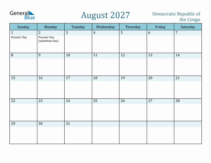August 2027 Calendar with Holidays