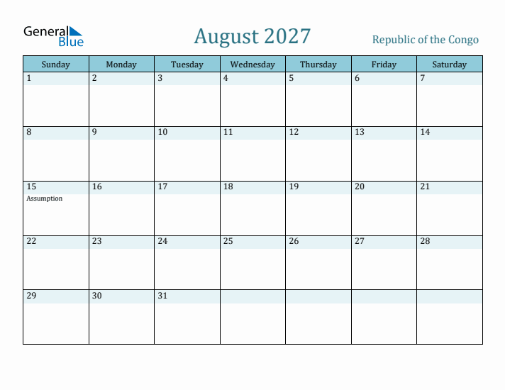 August 2027 Calendar with Holidays