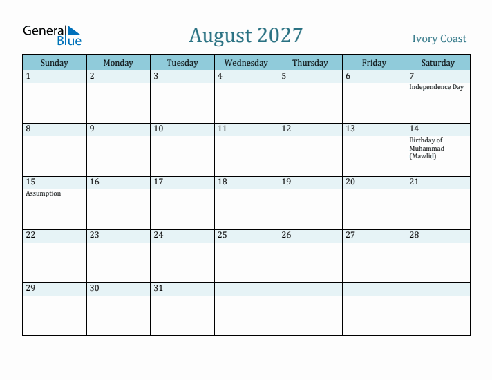 August 2027 Calendar with Holidays