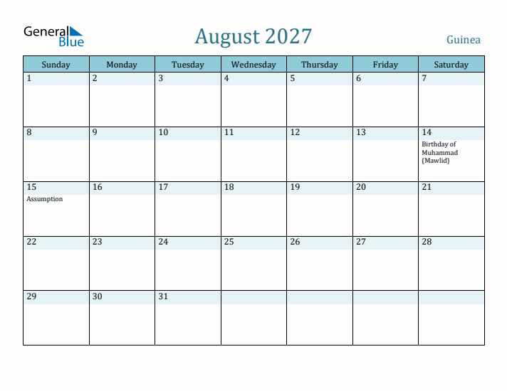 August 2027 Calendar with Holidays