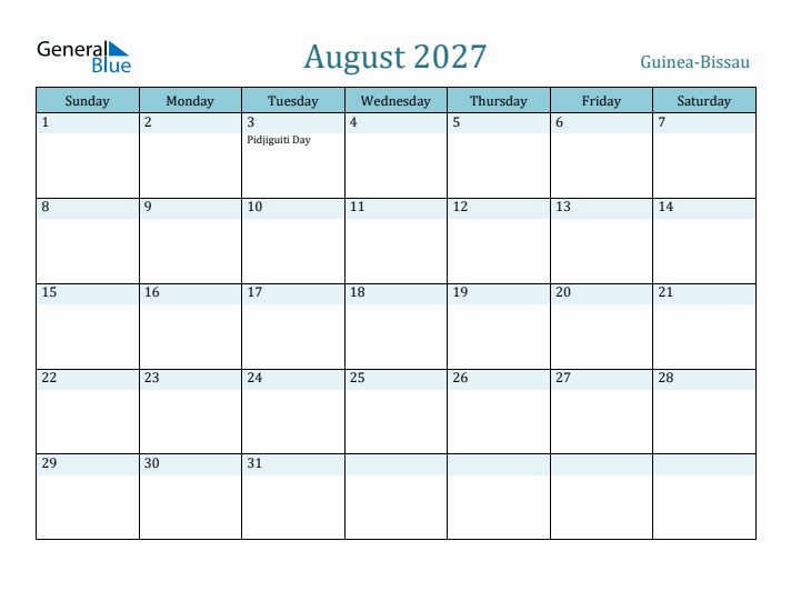 August 2027 Calendar with Holidays