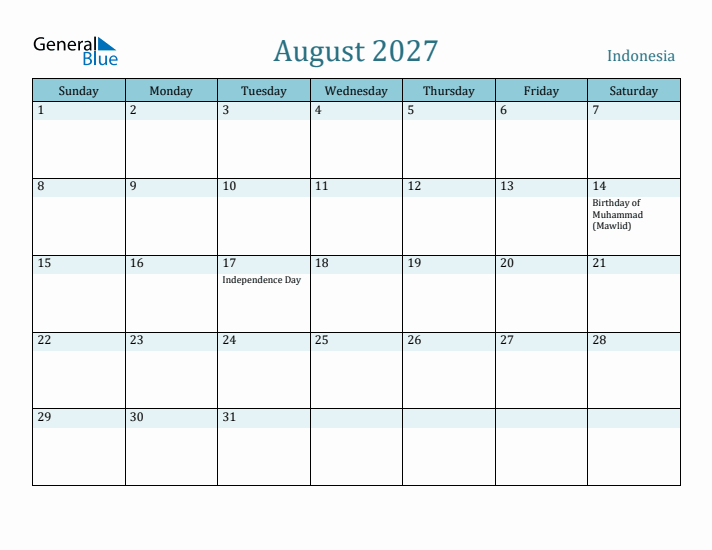 August 2027 Calendar with Holidays