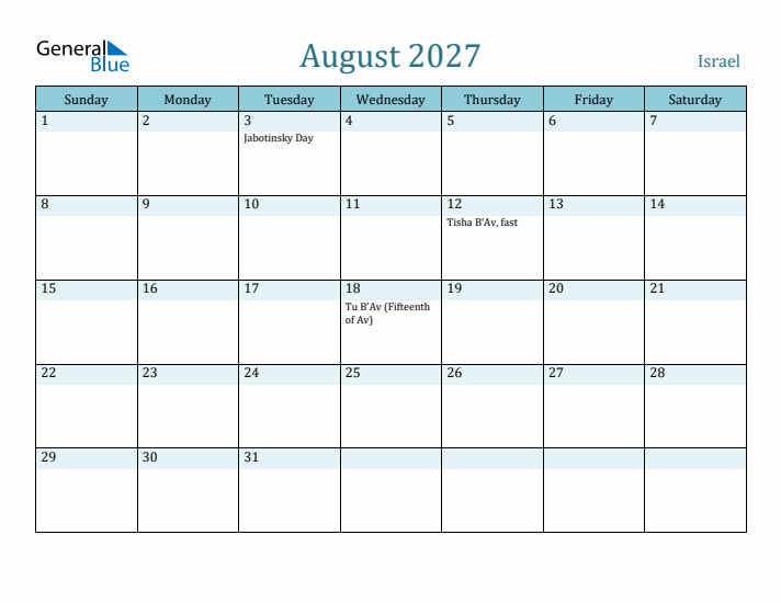 August 2027 Calendar with Holidays
