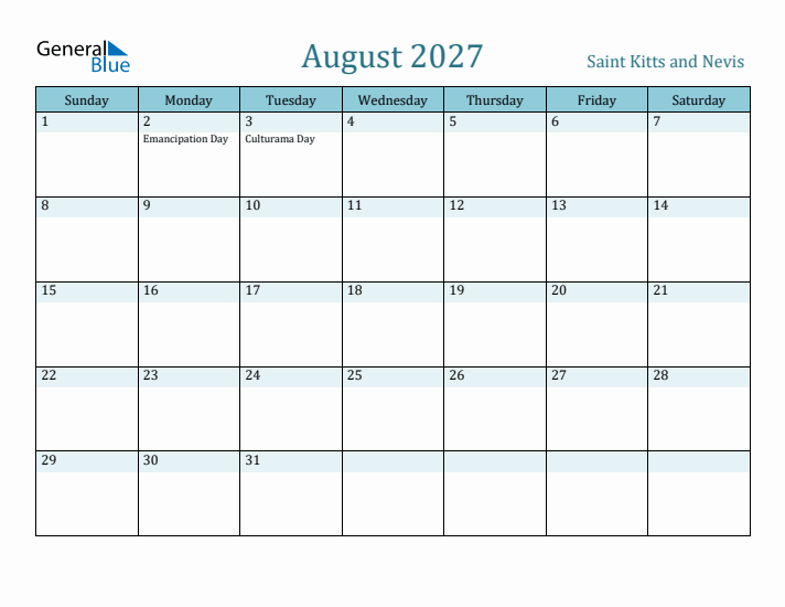 August 2027 Calendar with Holidays