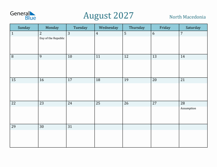 August 2027 Calendar with Holidays