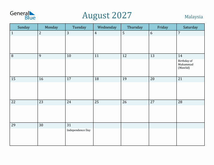 August 2027 Calendar with Holidays