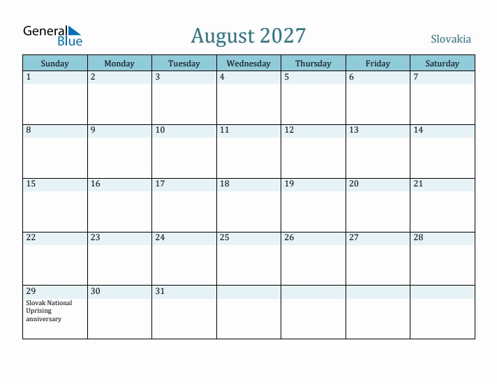August 2027 Calendar with Holidays