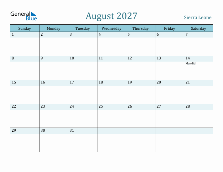 August 2027 Calendar with Holidays