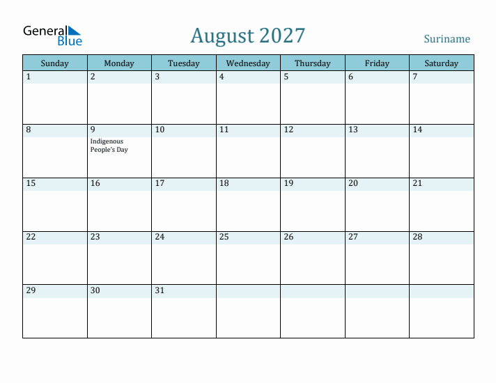 August 2027 Calendar with Holidays
