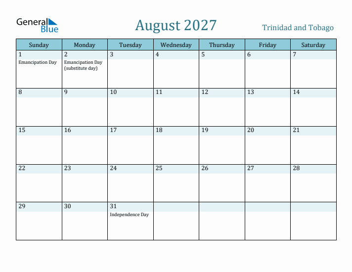 August 2027 Calendar with Holidays