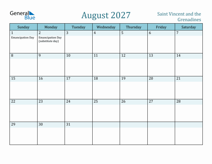 August 2027 Calendar with Holidays