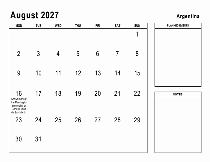 August 2027 Printable Monthly Calendar with Argentina Holidays