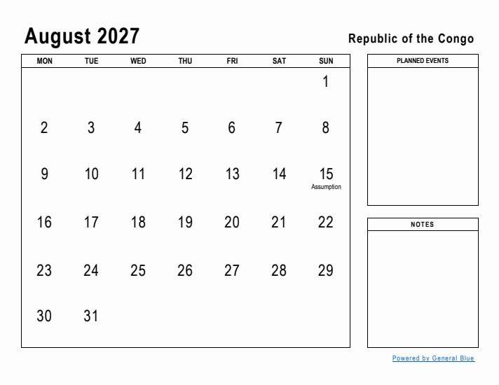 August 2027 Printable Monthly Calendar with Republic of the Congo Holidays