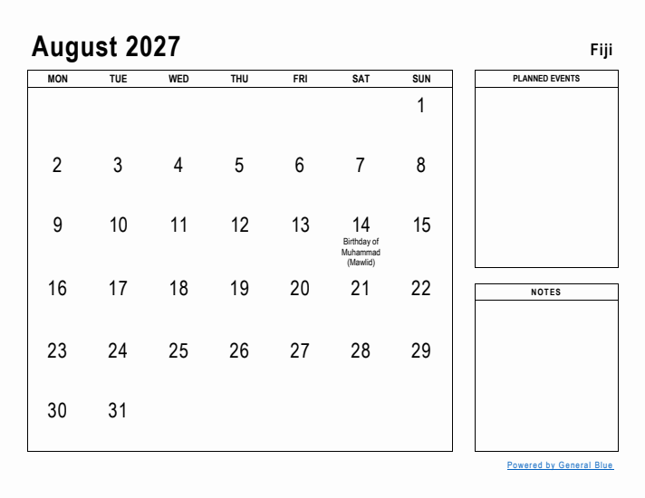 August 2027 Printable Monthly Calendar with Fiji Holidays