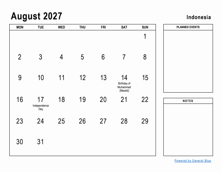 August 2027 Printable Monthly Calendar with Indonesia Holidays