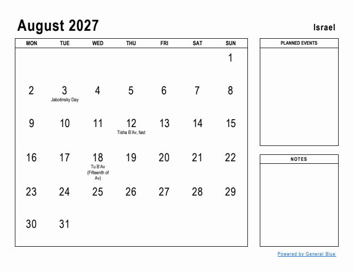 August 2027 Printable Monthly Calendar with Israel Holidays