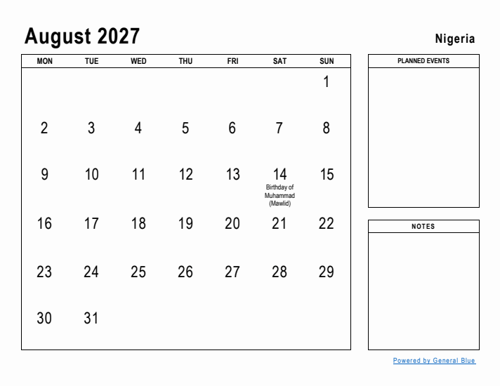 August 2027 Printable Monthly Calendar with Nigeria Holidays