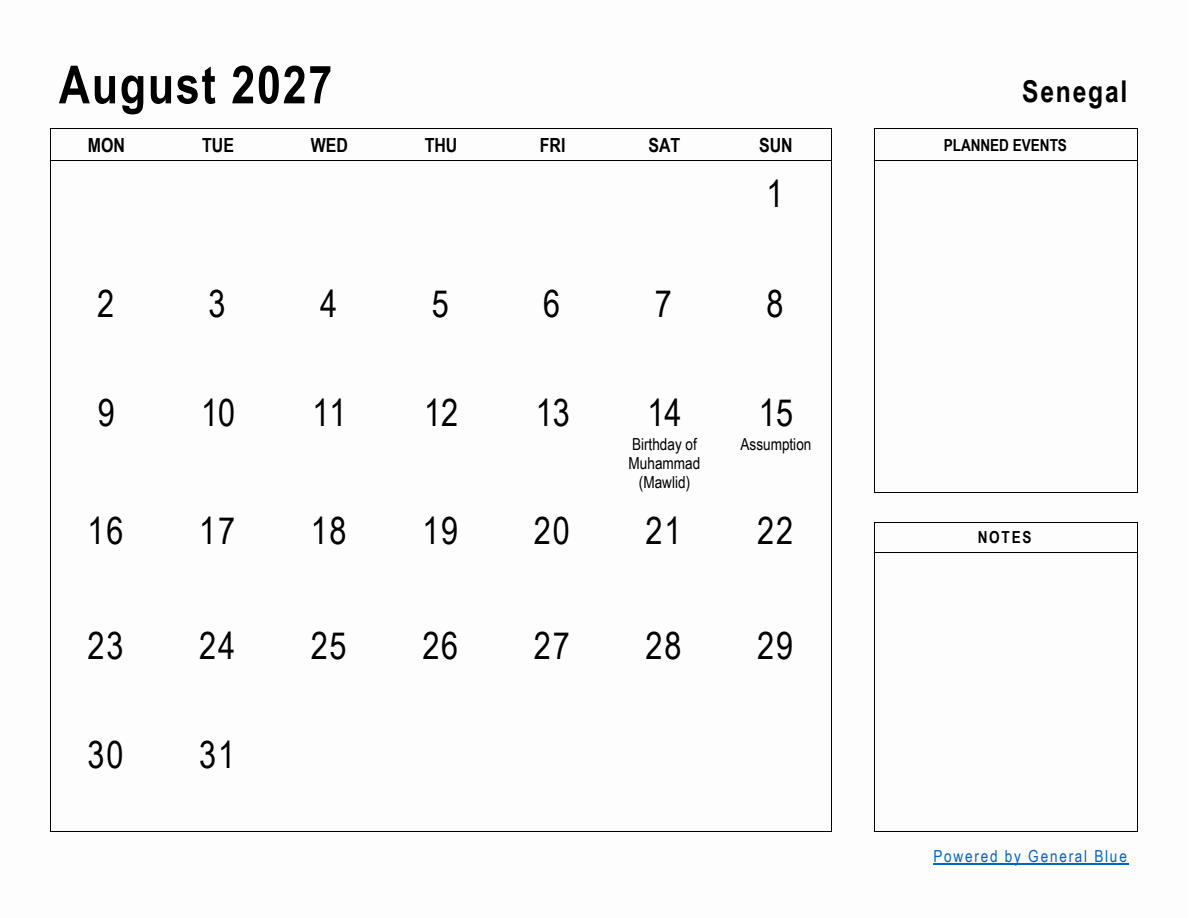 August 2027 Planner with Senegal Holidays (Monday Start)