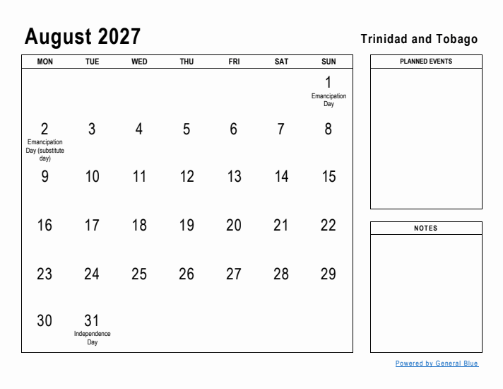 August 2027 Printable Monthly Calendar with Trinidad and Tobago Holidays