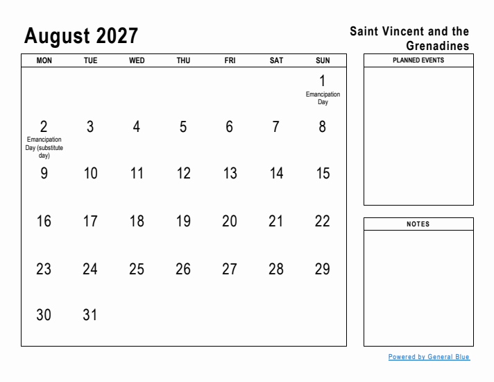 August 2027 Printable Monthly Calendar with Saint Vincent and the Grenadines Holidays