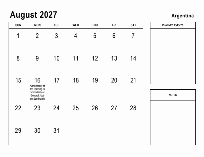 August 2027 Printable Monthly Calendar with Argentina Holidays