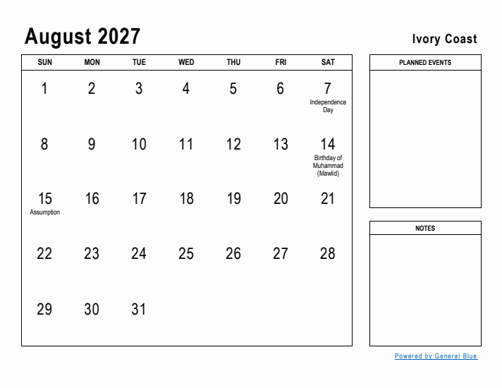 August 2027 Printable Monthly Calendar with Ivory Coast Holidays