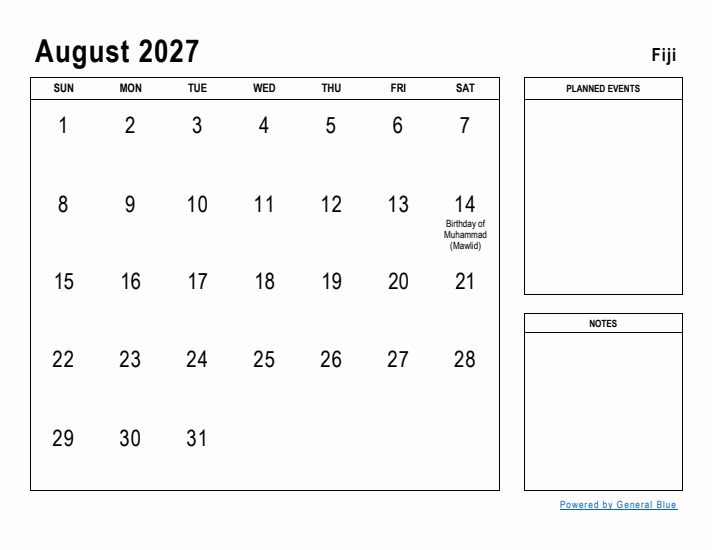 August 2027 Printable Monthly Calendar with Fiji Holidays