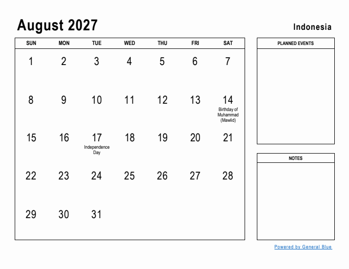 August 2027 Printable Monthly Calendar with Indonesia Holidays