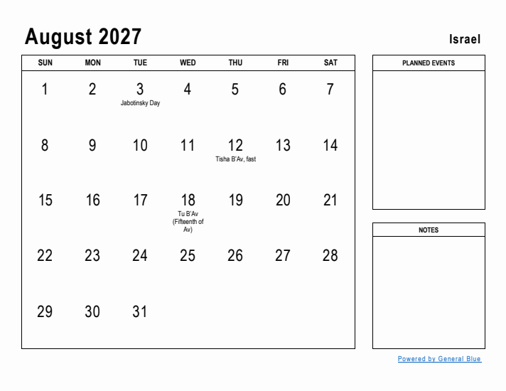 August 2027 Printable Monthly Calendar with Israel Holidays