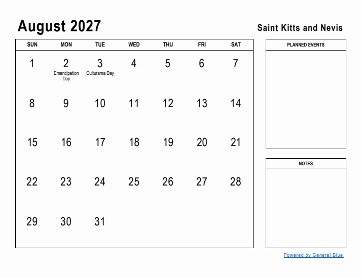 August 2027 Printable Monthly Calendar with Saint Kitts and Nevis Holidays