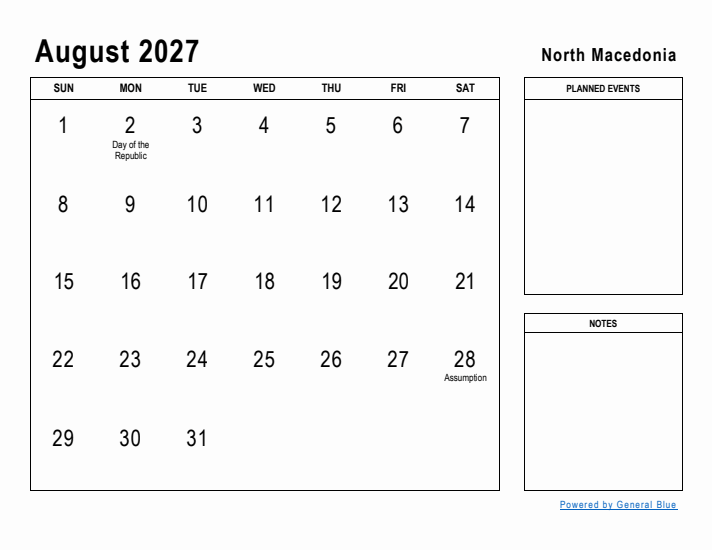 August 2027 Printable Monthly Calendar with North Macedonia Holidays
