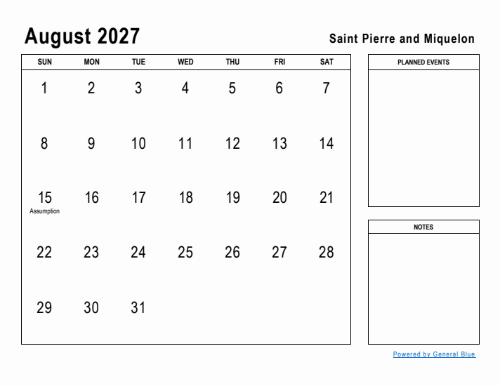 August 2027 Printable Monthly Calendar with Saint Pierre and Miquelon Holidays
