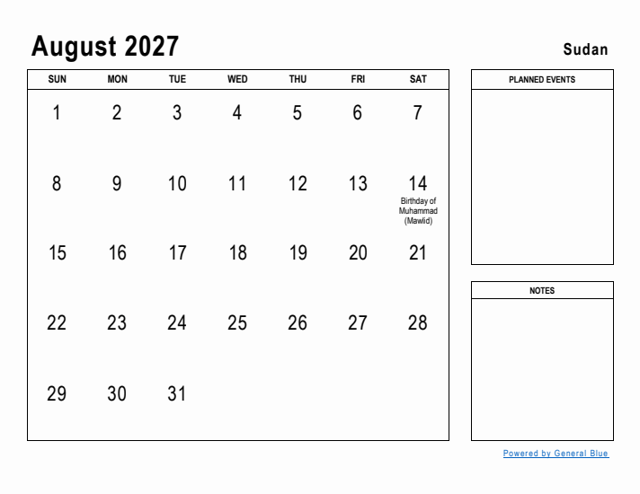 August 2027 Printable Monthly Calendar with Sudan Holidays