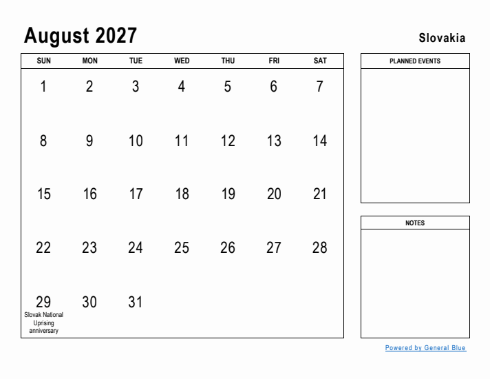 August 2027 Printable Monthly Calendar with Slovakia Holidays