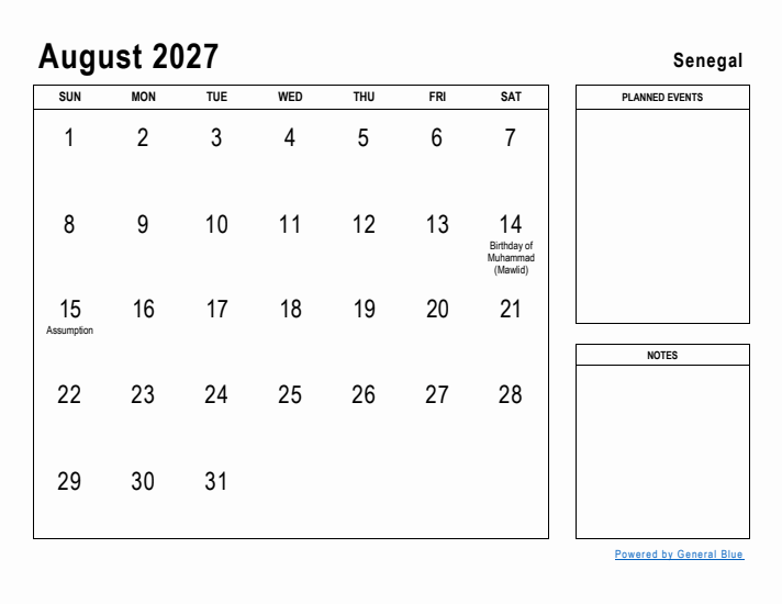 August 2027 Printable Monthly Calendar with Senegal Holidays