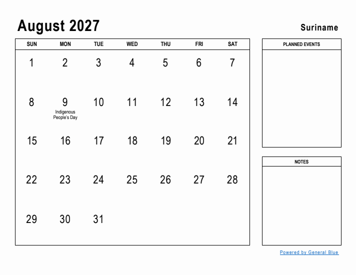 August 2027 Printable Monthly Calendar with Suriname Holidays